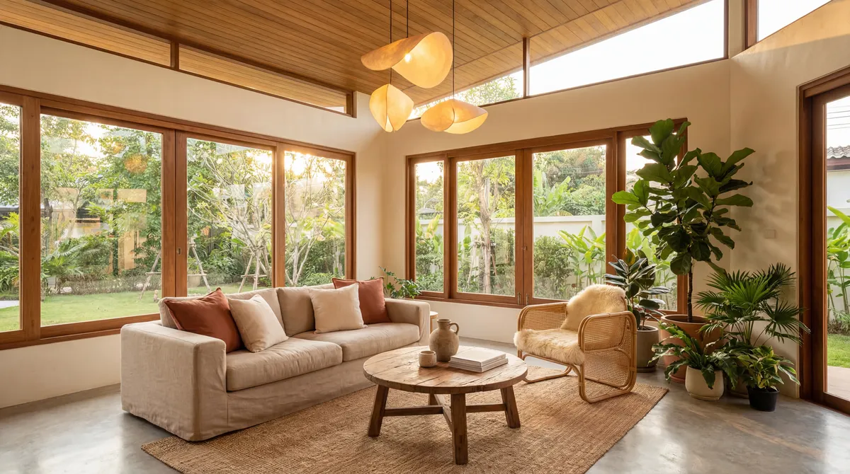 Warm tone living room with sofa